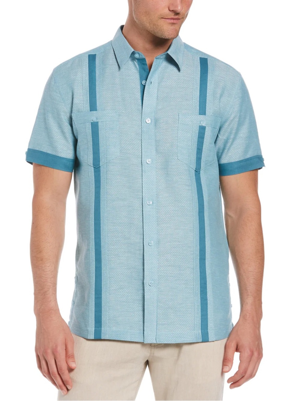 Cubavera FASHION DOUBLE POCKET GUAYABERA SHIRT Blue Linen Cotton Button Down